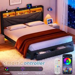 King Size Bed Frame,2 Storage Drawers ,LED Lights