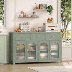 Assembled 55''Wide Buffet Credenzas, Large Dining Sideboard with 3 Drawers, 4 Glass Doors, Wood Coffee Bar Cabinet, Green