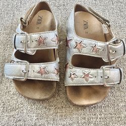 Zara Kids Silver Metalic Sandals with Pink Star Size EUR 25