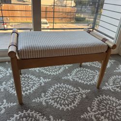 Hand & Hearth with Magnolia Upholstered Natural Wood Ottoman Micro Stripe Gray/Oatmeal