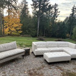 Cream Leather Sectional With Ottoman And Brown /cream Loveseat