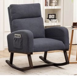 Rocking Chairs, Teddy Rocking Chair Nursery, Rocker Glider Chair for Mom Nursering with Side Pocket and High Backrest for Living Room Bedroom, Grey