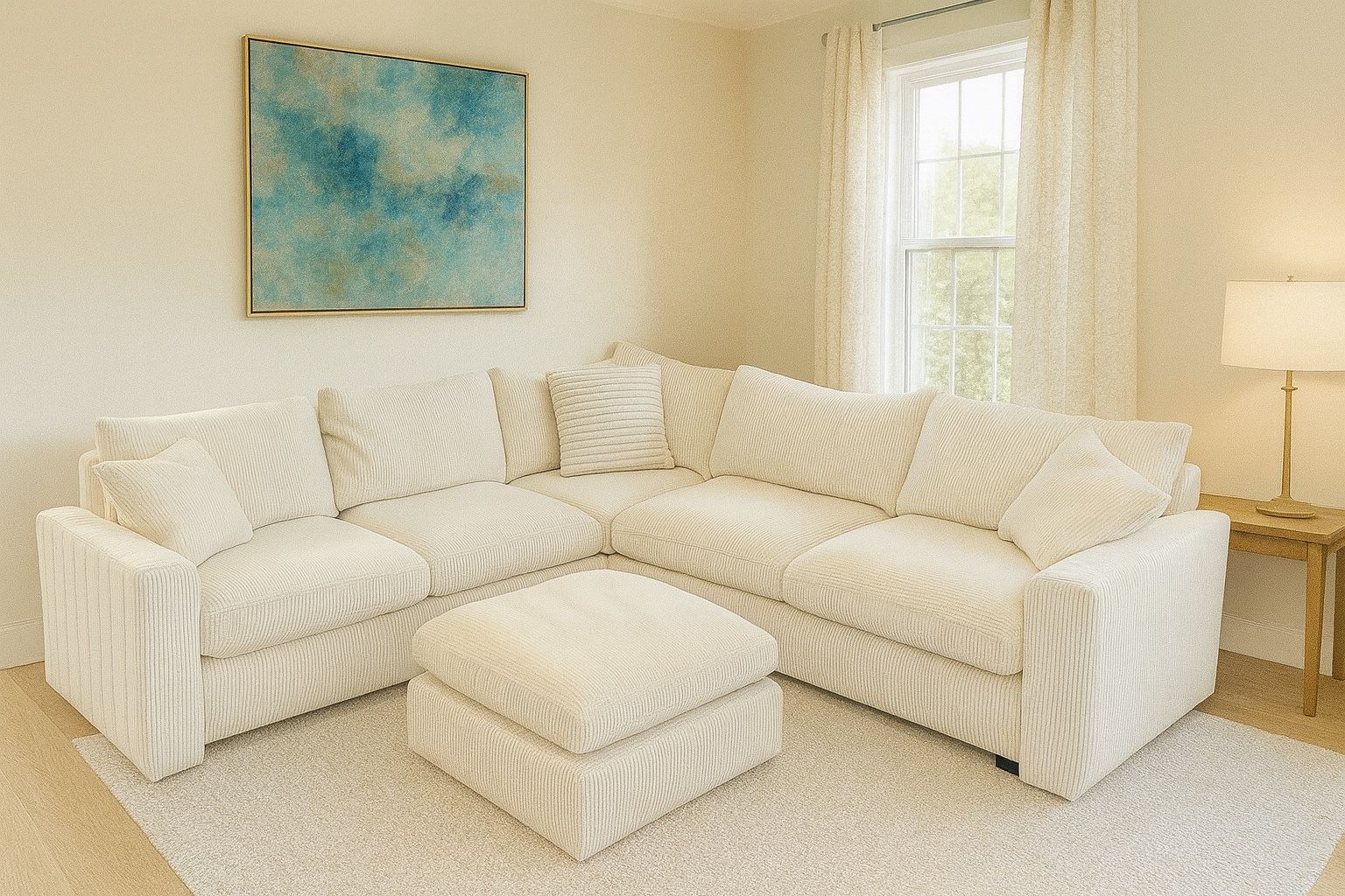 Ashley Furniture Lindyn Beige Corduroy Sectional Sofa with Ottoman – Modular Deep Seat Couch