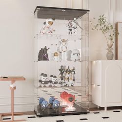 Glass Display Cabinet with Mirror Back Panel, 4 Shelves with 2 Doors, Curio Cabinets for Living Room, Bedroom, Office, Black Floor Standin