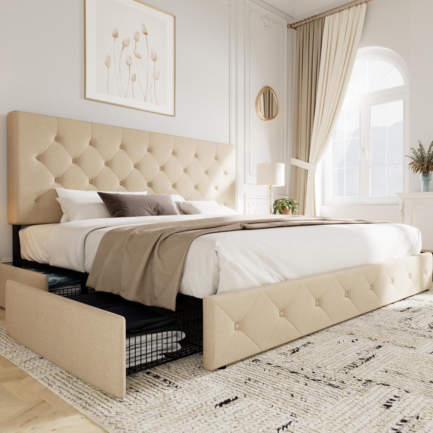 King Size Platform Bed Frame with 4 Storage Drawers & Adjustable Headboard Fabric Beige