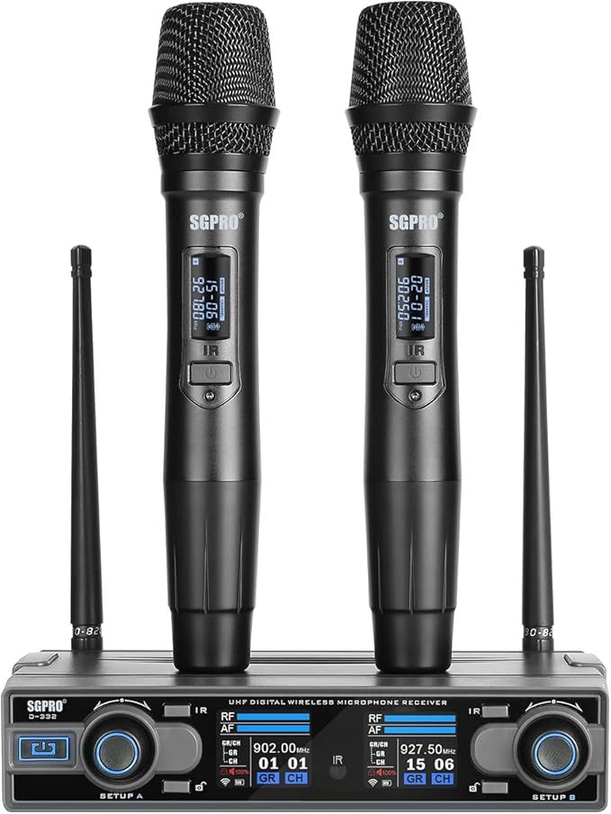 Dual Handheld Wireless Microphone System 262Feet 90 Preset UHF Frequencies, Bodypack, Head-Worn & Lavalier Mics for Live Performance, Karaoke, (105)