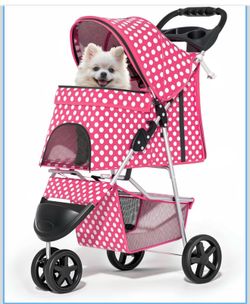 Brand New 3 Wheels Pet Dog Cat Stroller for Small & Medium Dogs or Cats, Foldable Jogger Stroller w/ Storage Basket and Cup Holder, Hot Pink Polka Dot