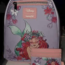Brand New! Loungefly Disney The Little Mermaid Ariel Mini Backpack + Cardholder 