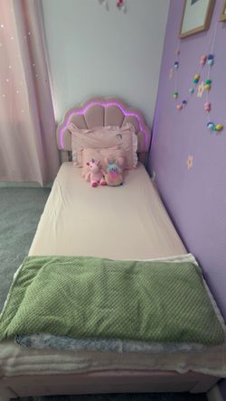 Twin Bed Frame with LED Light & Storage Drawer, Upholstered Platform Bed with Adjustable Petal Headboard, Pink Velvet
