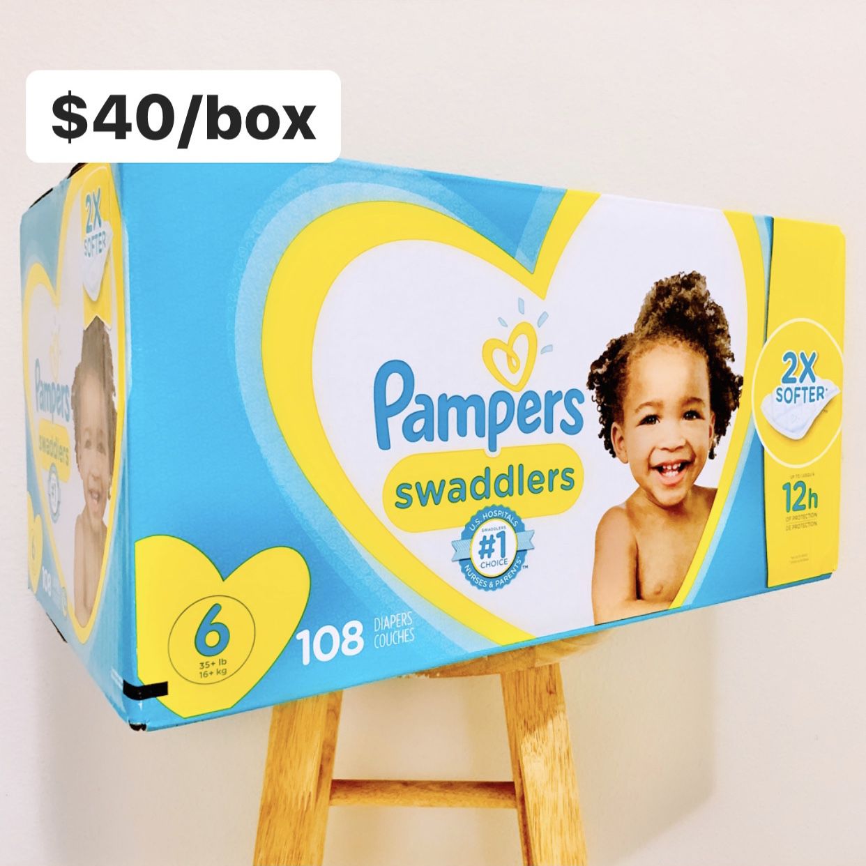 Size 6 (35+ lbs) Pampers Swaddlers (108 baby diapers) *PROMO* BUY ANY 2 PAMPERS BRAND BIG BOXES, GET 1 FREE HUGGIES TUB 64ct