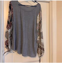 Gray Long Sleeve Top with Boho Print Sleeves