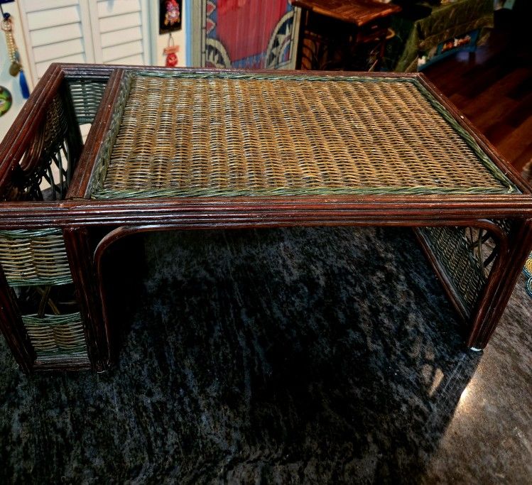 Vintage Rattan &Bamboo Bed Tray Or Lap Desk with Dark Finish and Green Woven Trim 26"×15"×11.5"