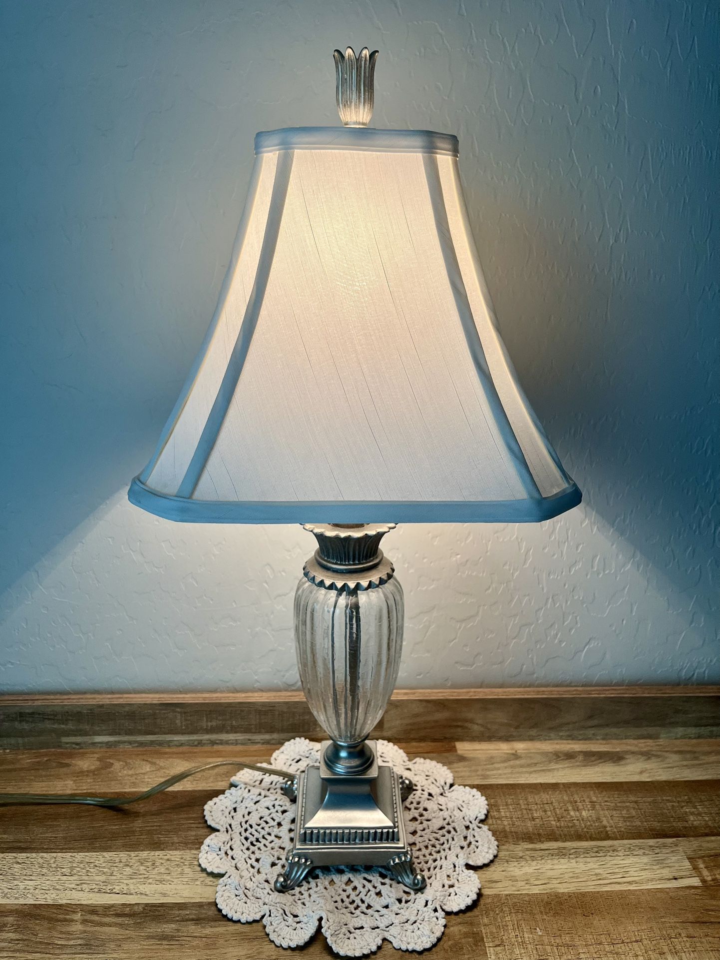 Antique Vintage Silver Glass Lamp / Silk Eggshell Lampshade