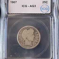 1907 Barber Quarter • 90% Fine Silver Coin • Philadelphia Mint • Graded ICG AG3 (About Good 3) Genuine