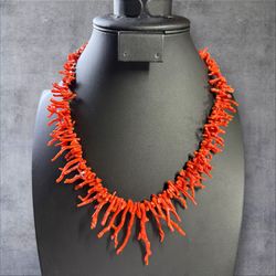 Vintage Red Coral Bib Necklace 20" Matinee Eye-Catching