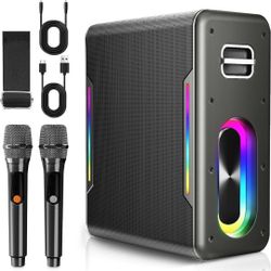 Karaoke Machine with 2 Wireless Microphones Portable Bluetooth Karaoke Machine for Adults Kids DSP Chip Karaoke Speaker with LED Lights Supports TWS 