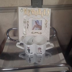 Gorgeous bridal shower gift- photo album and Bride and Groom mugs with heart shaped handles 