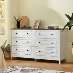 White Dresser for Bedroom, 6 Drawer Dresser with Wide Drawer and Metal Handles,