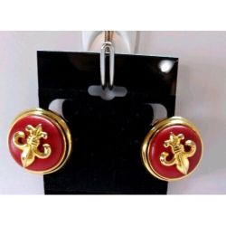 Joan Rivers Vintage Red Enamel Gold Fleur De Lis Clip On Earrings