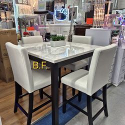 🥊 Dining Set 5 Pc, White Top Faux Marble, White Faux Leather, Black Frame, New in the Box.
