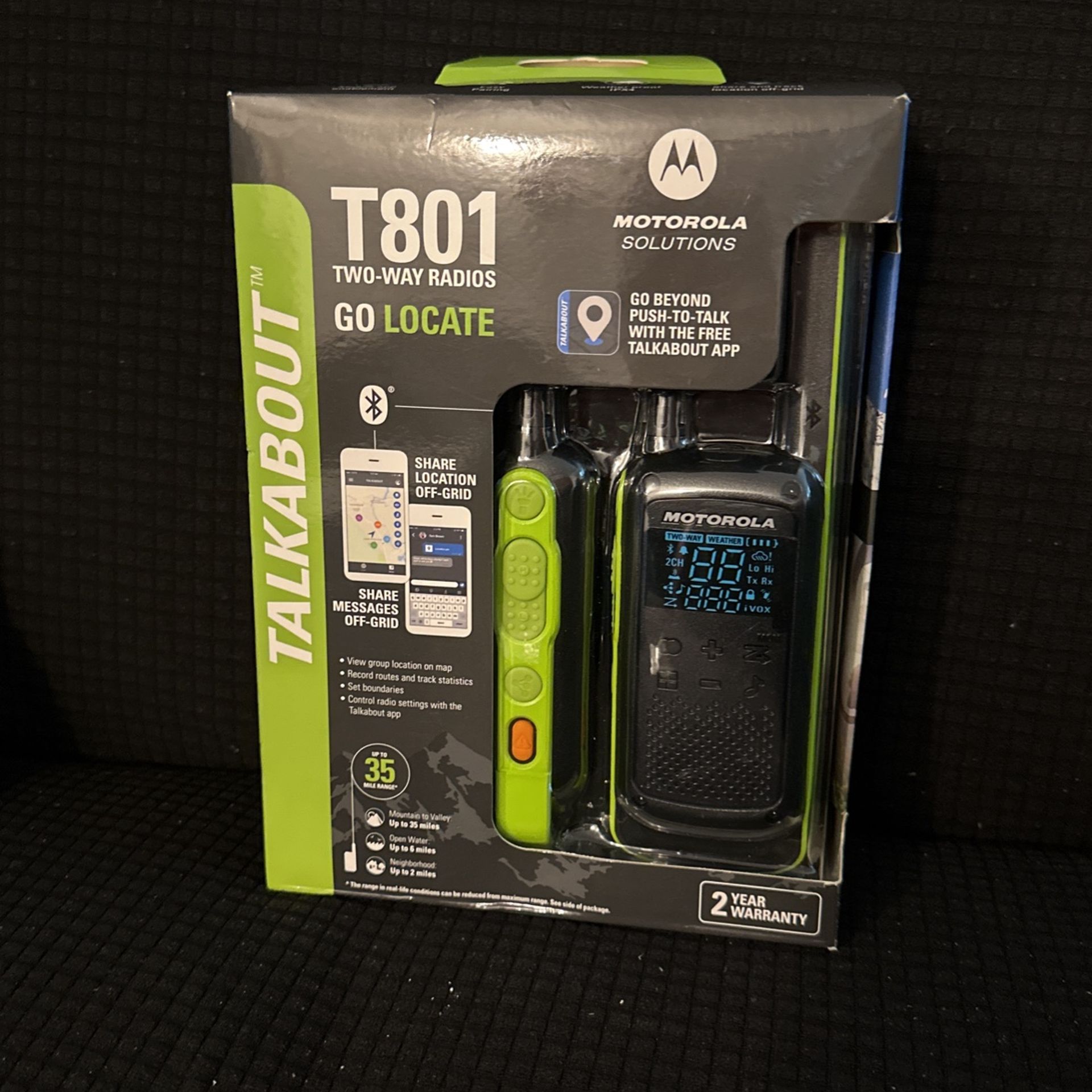 Motorola Talkabout T801 Two-Way Radios, 2 Pack, Black/Green