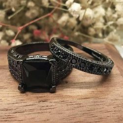 2pcs Princess Cut Black Agate Engagement Ring Set - Size 6