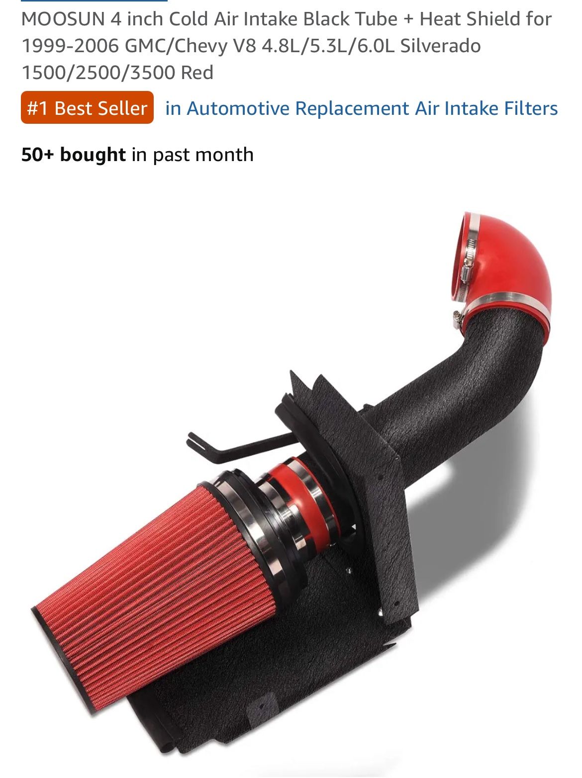MOOSUN 4 inch Cold Air Intake Black Tube + Heat Shield for 1(contact info removed) GMC/Chevy V8 4.8L/5.3L/6.0L Silverado 1500/2500/3500 Red