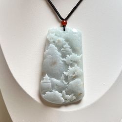 Natural Carved Jadeite Jade Mountain View Pendant Cord Necklace 