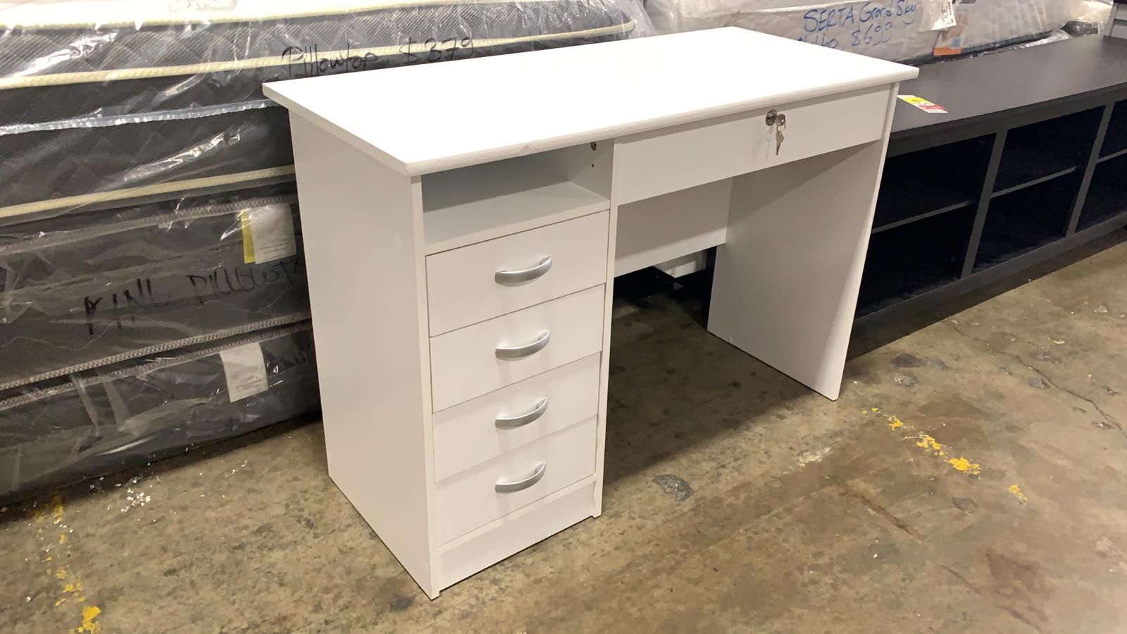 NEW Modern Walden Desk with 5 Drawers WITH KEY, White Finish