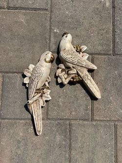 Vintage 1967 Miller Studio Chalkware Cockatoo Parrot Wall Plaques Set gold white