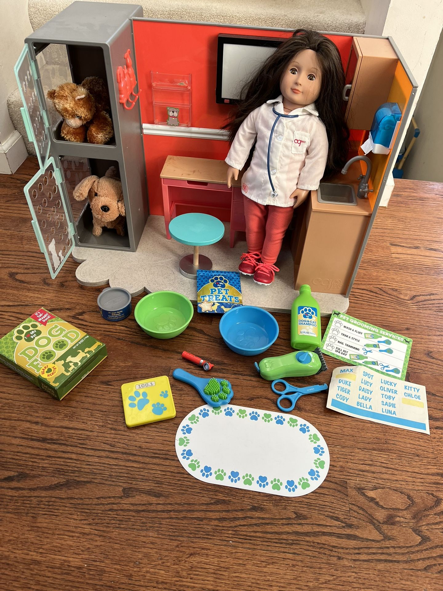 Our Generation Vet Care Center With Melissa & Doug Pet Care Accessories and Doctor Doll. Can Be Used For Any 18” Doll