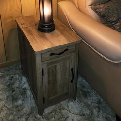Charging End Table with USB Ports, Wooden Door, Brown Built-in Charging station with USB & outlet, drawer storage, detachable cup holder, farmhouse, c