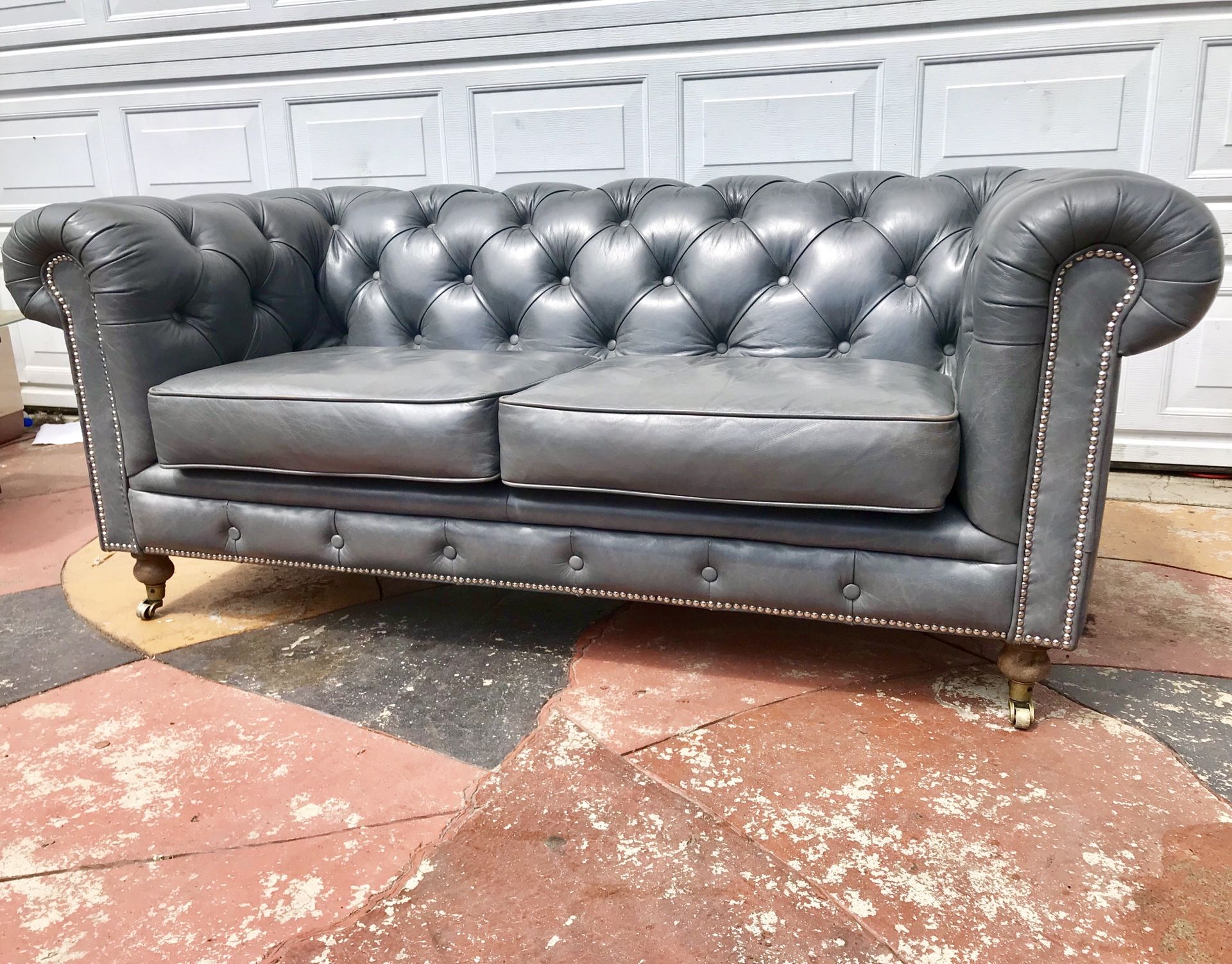 Chesterfield Distressed Grey Leather sofa tufted couch