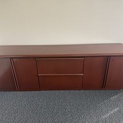 Large Cherry Wood Executive Credenza with Lateral File Drawers & Cabinet Storage