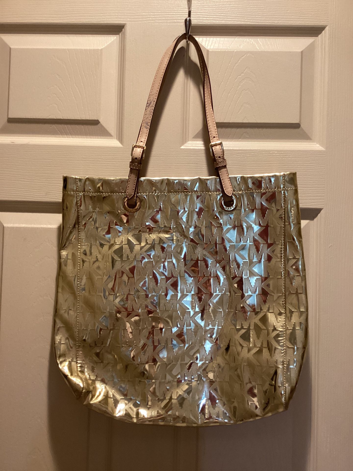 Large Michael Kors Jet Set MK Logo Gold Metallic Tote
