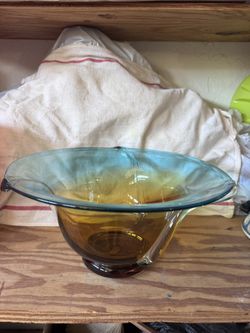 Large Blue And Brown Glass Bowl