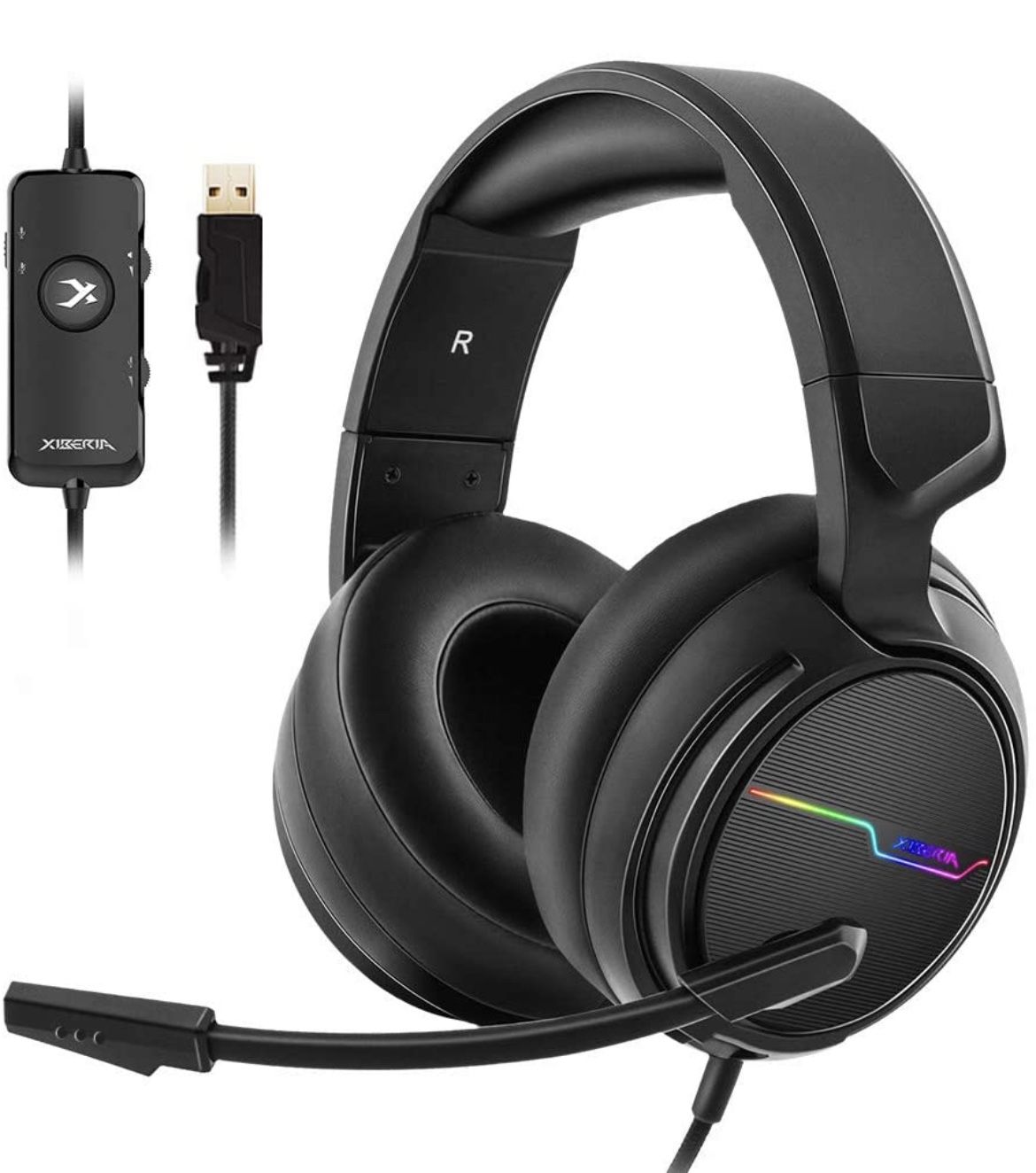 Jeecoo Xiberia USB Pro Gaming Headset for PC- 7.1 Surround Sound Headphones with Noise Cancelling Microphone- Memory Foam Ear Pads RGB Lights for Lapt