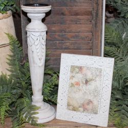 NEW! French Country Farmhouse Cottage Candle Holder & Distressed Picture Frame