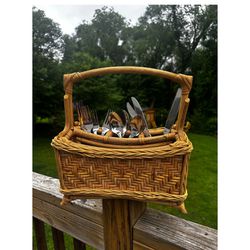 1960’s Scorched Bamboo and Wicker Silverware Caddy Basket 12”x12”x6”