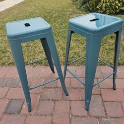 2 Bar Height Teal Metal Stools