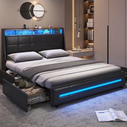 MSmask Queen Bed Frame with 4 Storage Drawers, Charging Station and LED Lights, Upholstered Bed Frame with Button Tufted Wingback Headboard, LED Bed Q