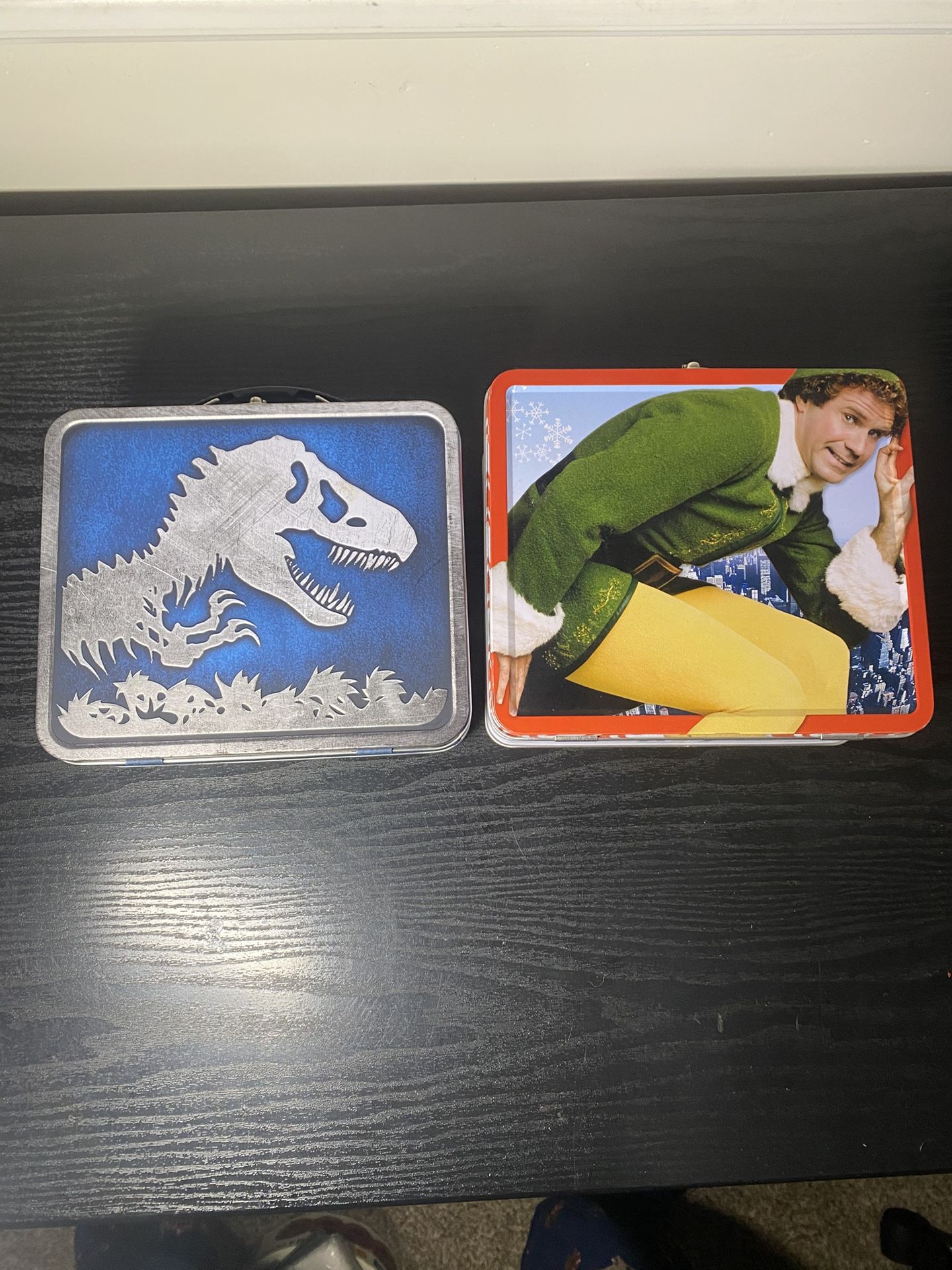 Jurassic Park & Elf Movie Lunch Box Metal Tins Bundle