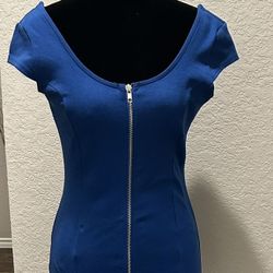 Front Zipper Mini Blue Dress