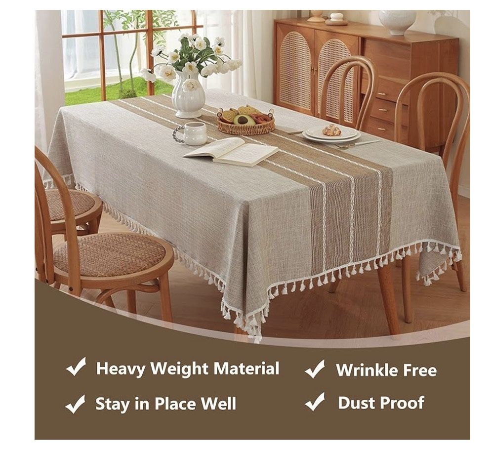 TEWENE Rectangle Tablecloth 55″x86″ – Cotton Linen Wrinkle‑Free Washable Table Cover (6–8 Seats) – Light Coffee