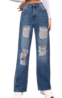 Ripped Boyfriends Jeans High Waist Baggy Denim Pants Distressed Wide Leg Jeans
