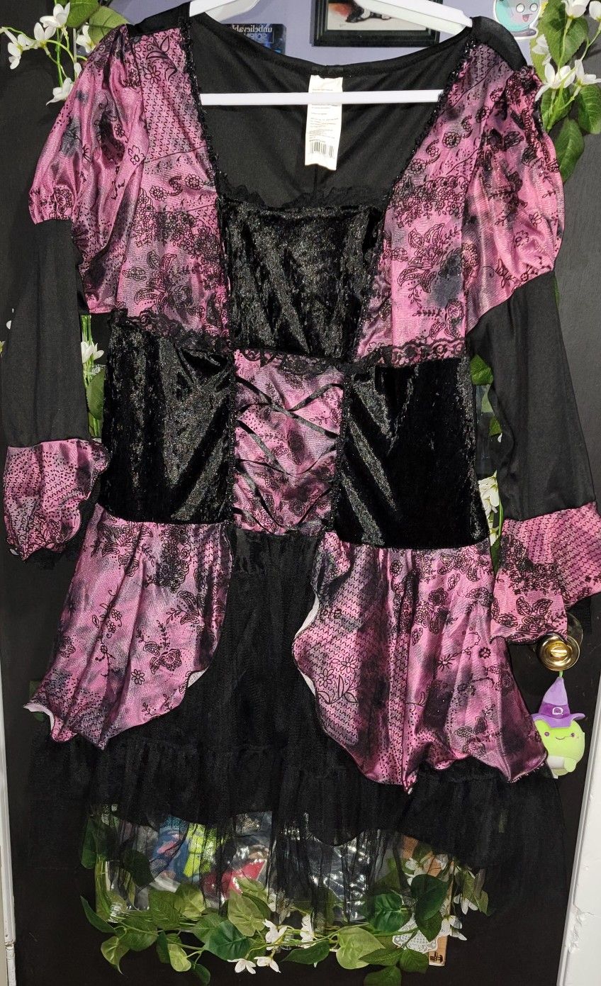 Walmart Witch Costume Dress XL(14-16) Black/Purple Square Neck Ruffles Halloween