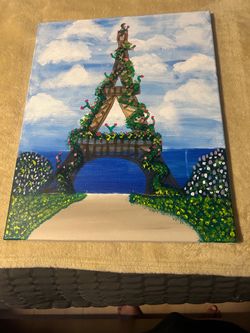 Original Acrylic Painting Eiffel Tower with Flowers