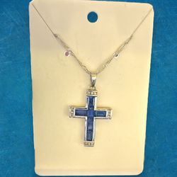 Sapphire & Silver Twisted Chain Cross Necklace 8” Length, 1.5" Pendant Blue