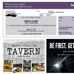 2 Tickets To Neko Case 11/9/25 At The Belly Up 