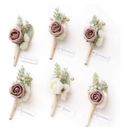 Ling's moment Boutonniere for Men, 6pcs Groom/Groomsmen Boutonniere in Dusty Rose